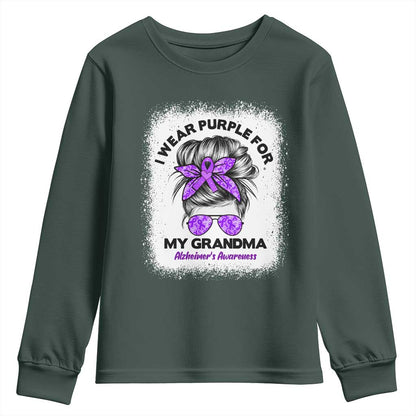 I Wear Purple For My Grandma Youth Sweatshirt Alzheimers Support Messy Bun Graphic