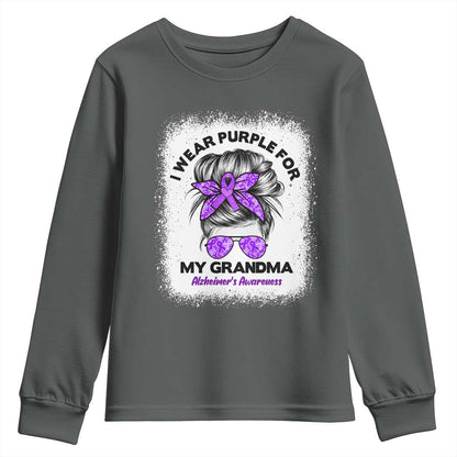I Wear Purple For My Grandma Youth Sweatshirt Alzheimers Support Messy Bun Graphic