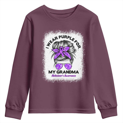 I Wear Purple For My Grandma Youth Sweatshirt Alzheimers Support Messy Bun Graphic