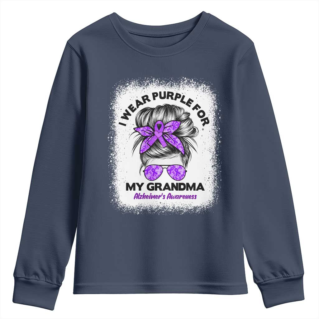 I Wear Purple For My Grandma Youth Sweatshirt Alzheimers Support Messy Bun Graphic