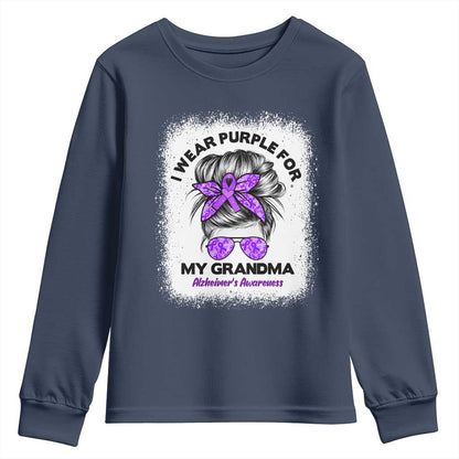 I Wear Purple For My Grandma Youth Sweatshirt Alzheimers Support Messy Bun Graphic