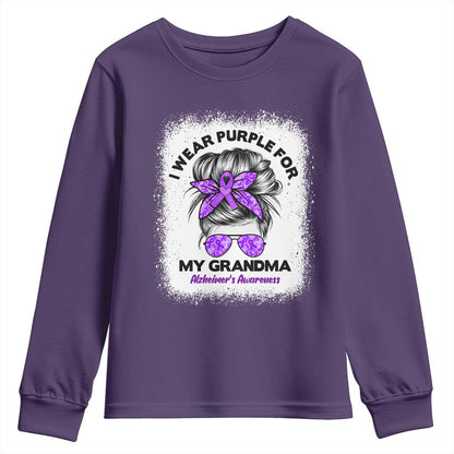 I Wear Purple For My Grandma Youth Sweatshirt Alzheimers Support Messy Bun Graphic