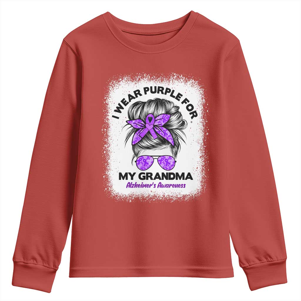 I Wear Purple For My Grandma Youth Sweatshirt Alzheimers Support Messy Bun Graphic