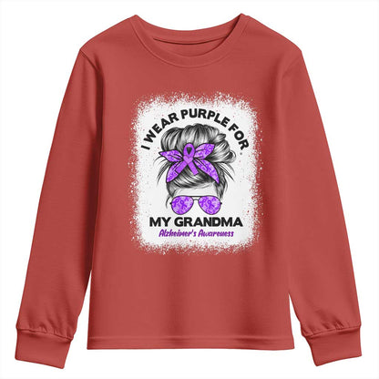 I Wear Purple For My Grandma Youth Sweatshirt Alzheimers Support Messy Bun Graphic