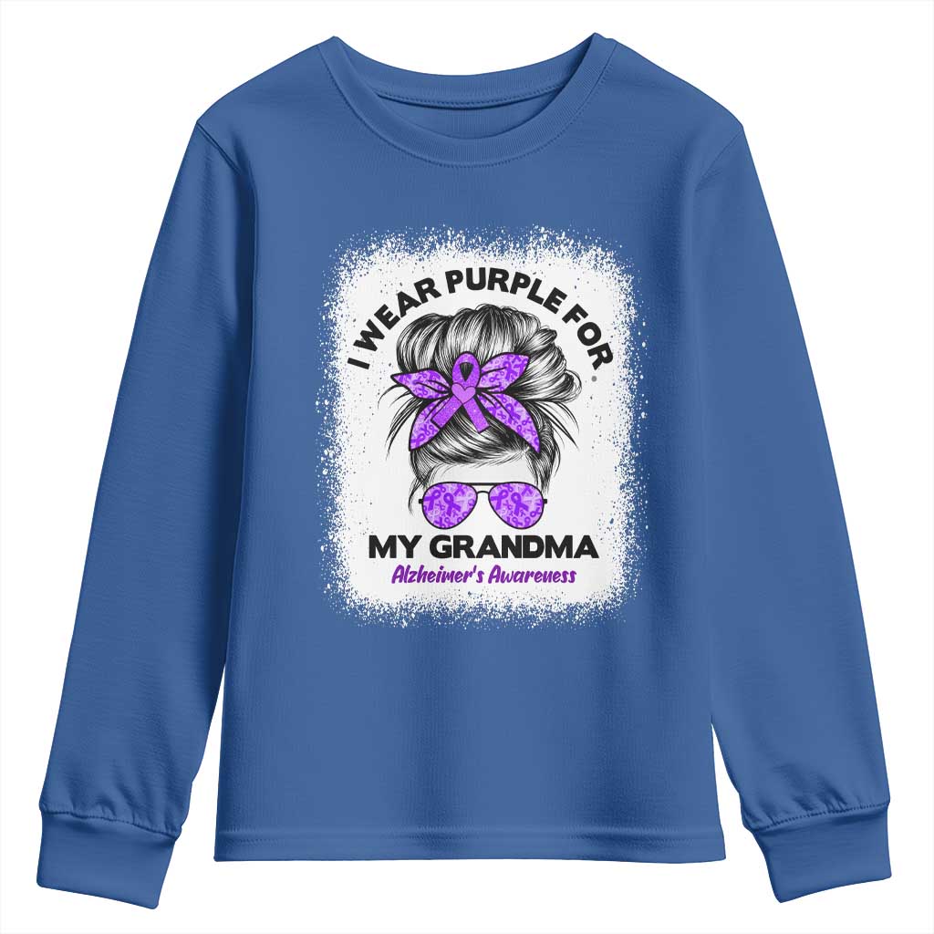 I Wear Purple For My Grandma Youth Sweatshirt Alzheimers Support Messy Bun Graphic