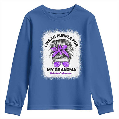 I Wear Purple For My Grandma Youth Sweatshirt Alzheimers Support Messy Bun Graphic