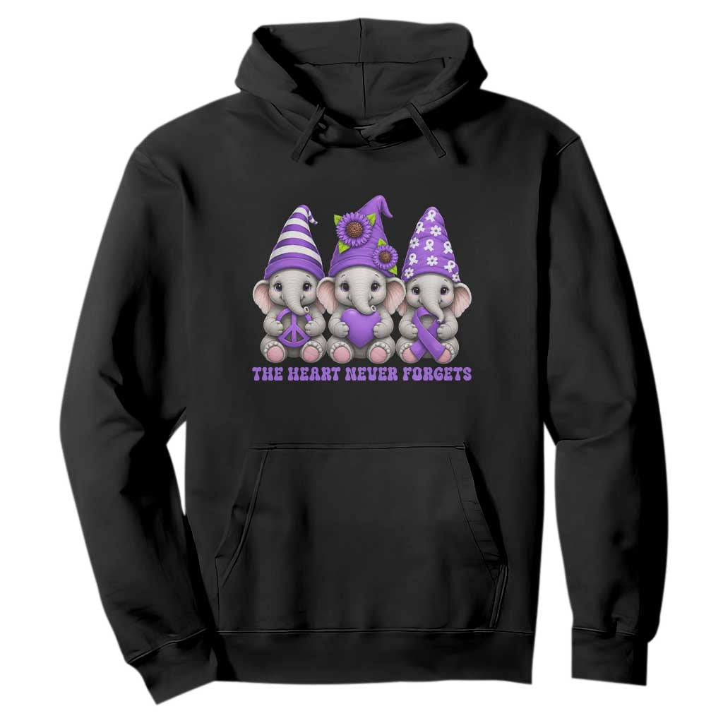 Cute Elephant Gnome Purple Ribbon Alzheimer's Support Hoodie The Heart Never Forgets