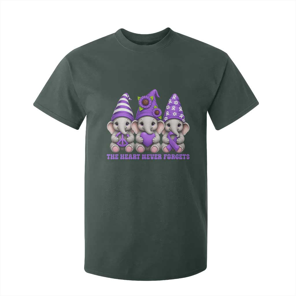 Cute Elephant Gnome Purple Ribbon Alzheimer's Support T Shirt For Kid The Heart Never Forgets