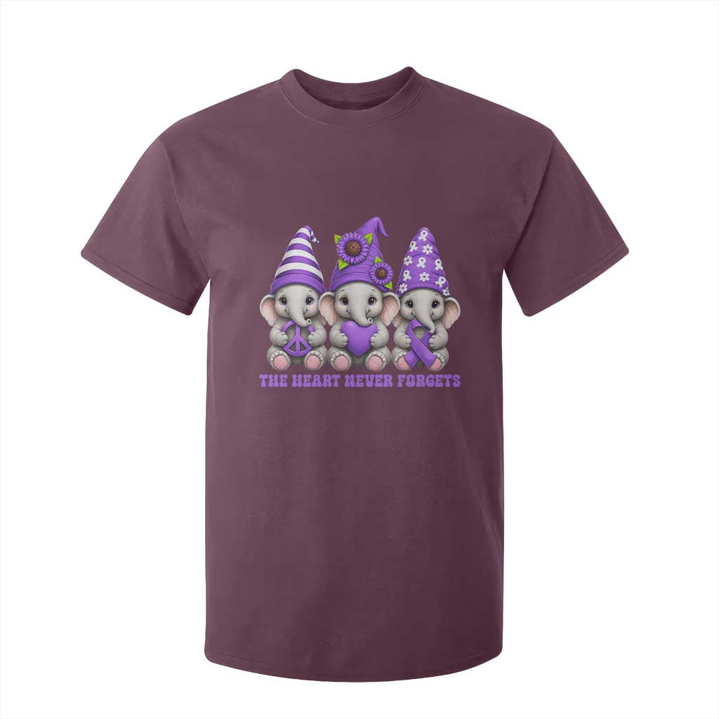 Cute Elephant Gnome Purple Ribbon Alzheimer's Support T Shirt For Kid The Heart Never Forgets