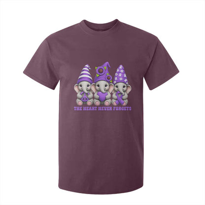 Cute Elephant Gnome Purple Ribbon Alzheimer's Support T Shirt For Kid The Heart Never Forgets