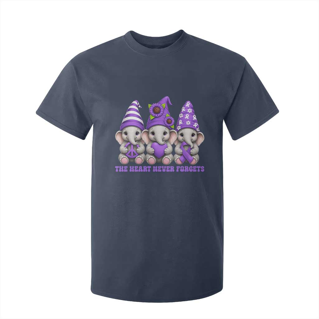 Cute Elephant Gnome Purple Ribbon Alzheimer's Support T Shirt For Kid The Heart Never Forgets