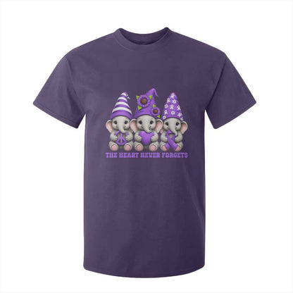 Cute Elephant Gnome Purple Ribbon Alzheimer's Support T Shirt For Kid The Heart Never Forgets