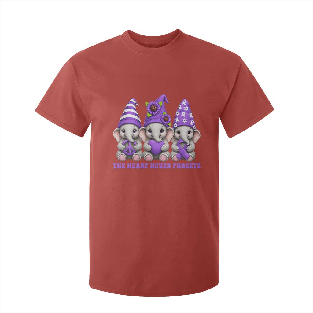 Cute Elephant Gnome Purple Ribbon Alzheimer's Support T Shirt For Kid The Heart Never Forgets