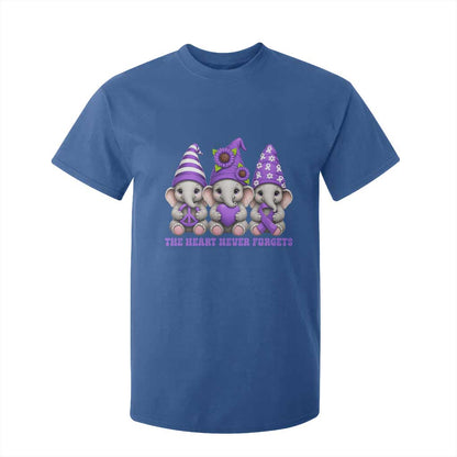 Cute Elephant Gnome Purple Ribbon Alzheimer's Support T Shirt For Kid The Heart Never Forgets