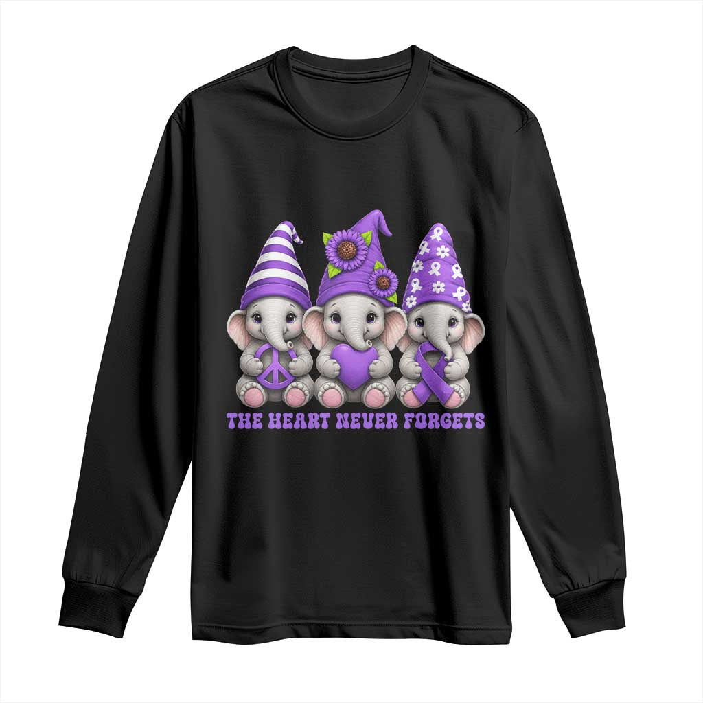 Cute Elephant Gnome Purple Ribbon Alzheimer's Support Long Sleeve Shirt The Heart Never Forgets