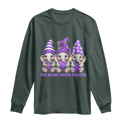 Cute Elephant Gnome Purple Ribbon Alzheimer's Support Long Sleeve Shirt The Heart Never Forgets