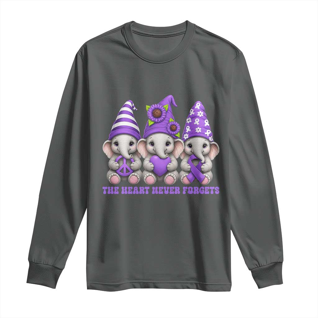 Cute Elephant Gnome Purple Ribbon Alzheimer's Support Long Sleeve Shirt The Heart Never Forgets