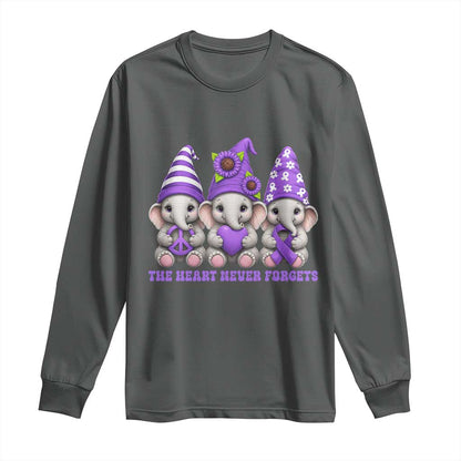 Cute Elephant Gnome Purple Ribbon Alzheimer's Support Long Sleeve Shirt The Heart Never Forgets