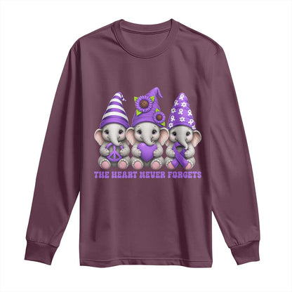 Cute Elephant Gnome Purple Ribbon Alzheimer's Support Long Sleeve Shirt The Heart Never Forgets