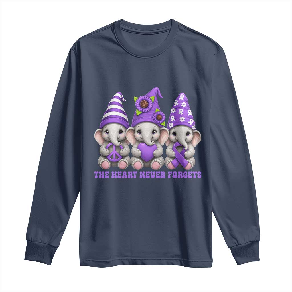 Cute Elephant Gnome Purple Ribbon Alzheimer's Support Long Sleeve Shirt The Heart Never Forgets
