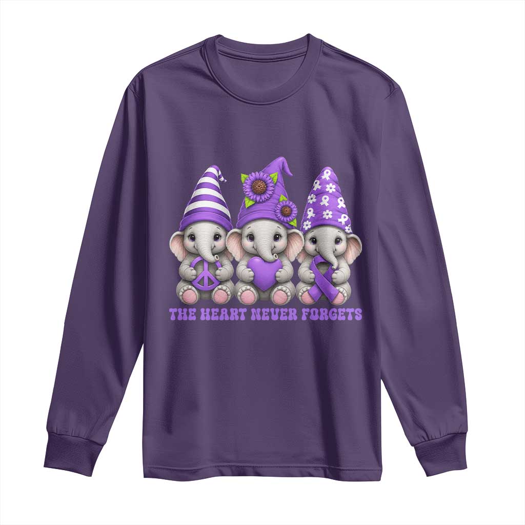 Cute Elephant Gnome Purple Ribbon Alzheimer's Support Long Sleeve Shirt The Heart Never Forgets