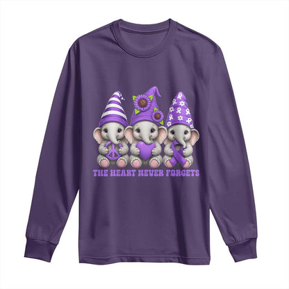 Cute Elephant Gnome Purple Ribbon Alzheimer's Support Long Sleeve Shirt The Heart Never Forgets
