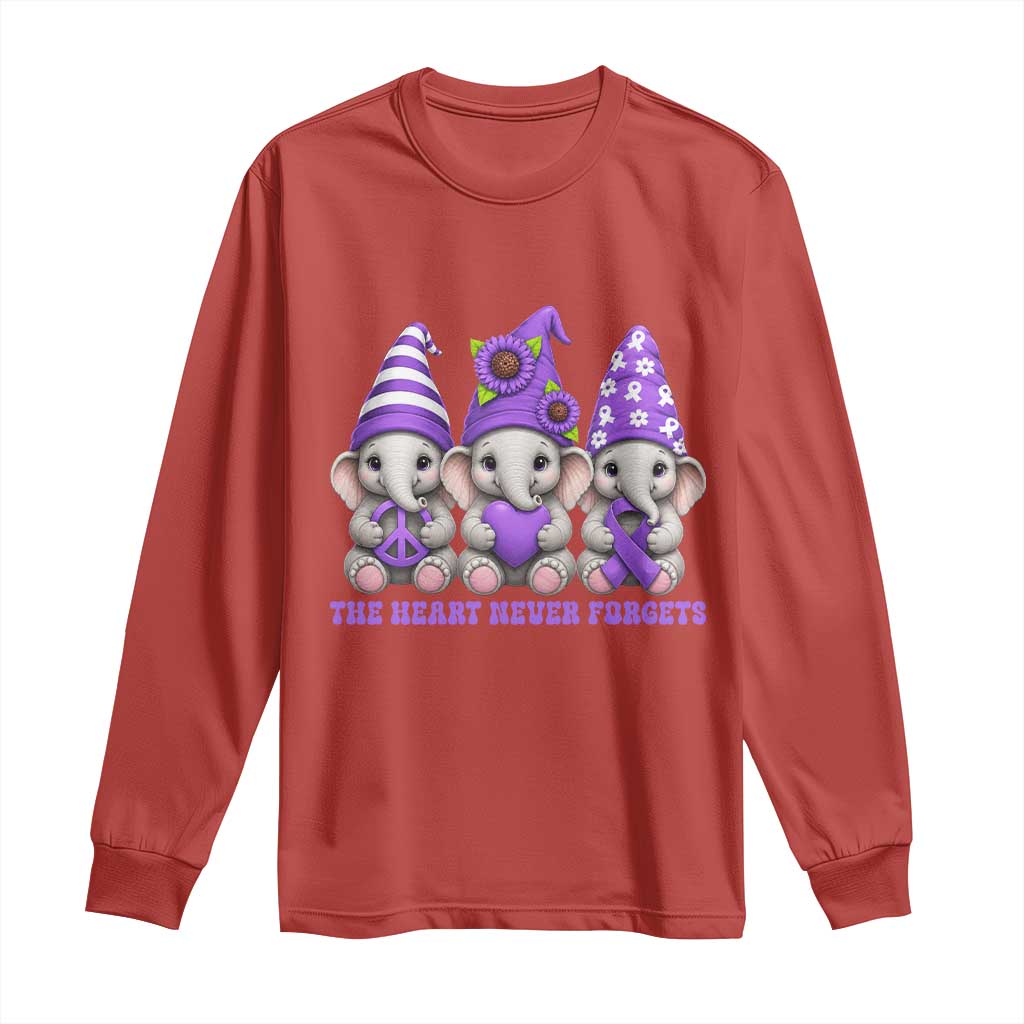 Cute Elephant Gnome Purple Ribbon Alzheimer's Support Long Sleeve Shirt The Heart Never Forgets