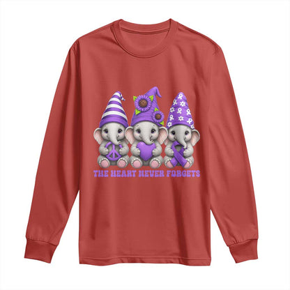 Cute Elephant Gnome Purple Ribbon Alzheimer's Support Long Sleeve Shirt The Heart Never Forgets