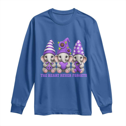 Cute Elephant Gnome Purple Ribbon Alzheimer's Support Long Sleeve Shirt The Heart Never Forgets