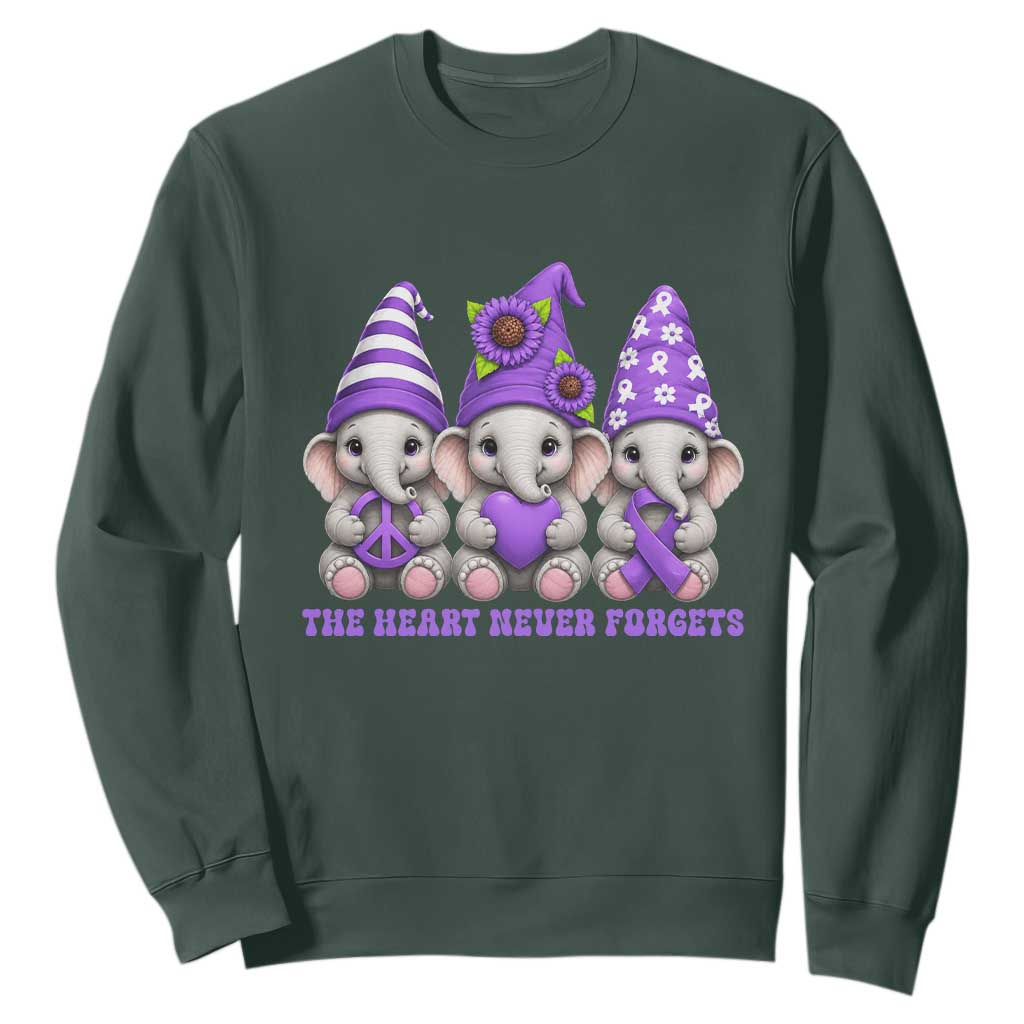 Cute Elephant Gnome Purple Ribbon Alzheimer's Support Sweatshirt The Heart Never Forgets