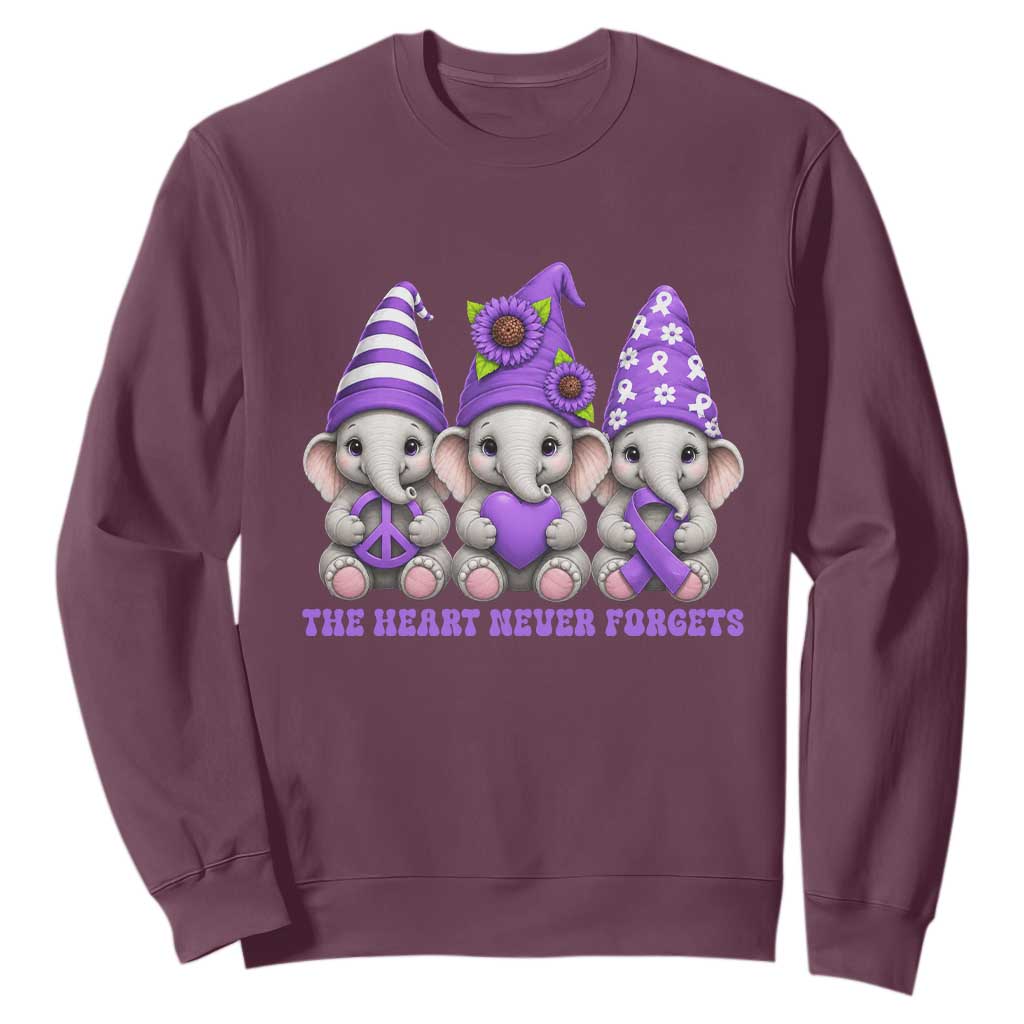 Cute Elephant Gnome Purple Ribbon Alzheimer's Support Sweatshirt The Heart Never Forgets