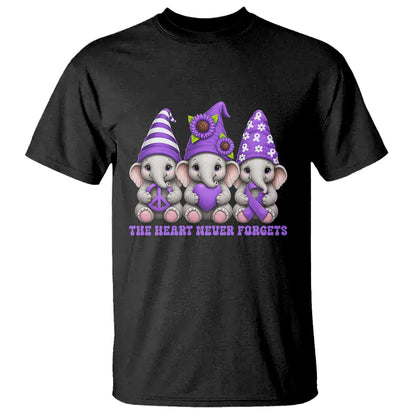 Cute Elephant Gnome Purple Ribbon Alzheimer's Support T Shirt The Heart Never Forgets