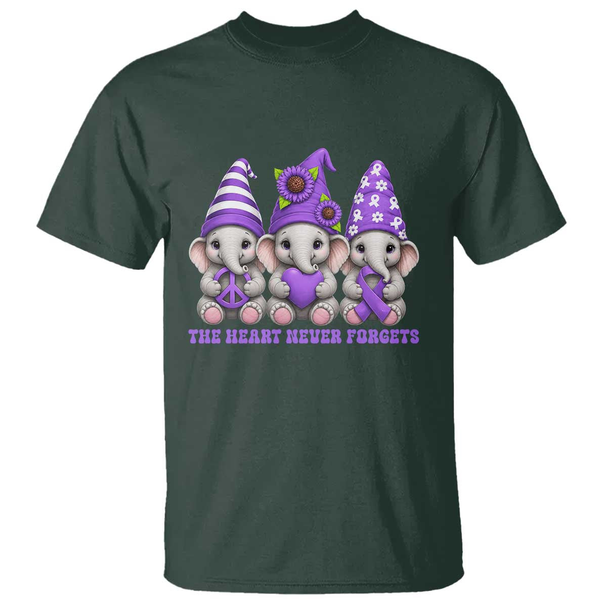 Cute Elephant Gnome Purple Ribbon Alzheimer's Support T Shirt The Heart Never Forgets