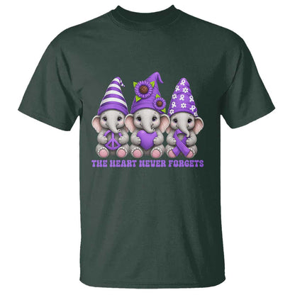 Cute Elephant Gnome Purple Ribbon Alzheimer's Support T Shirt The Heart Never Forgets