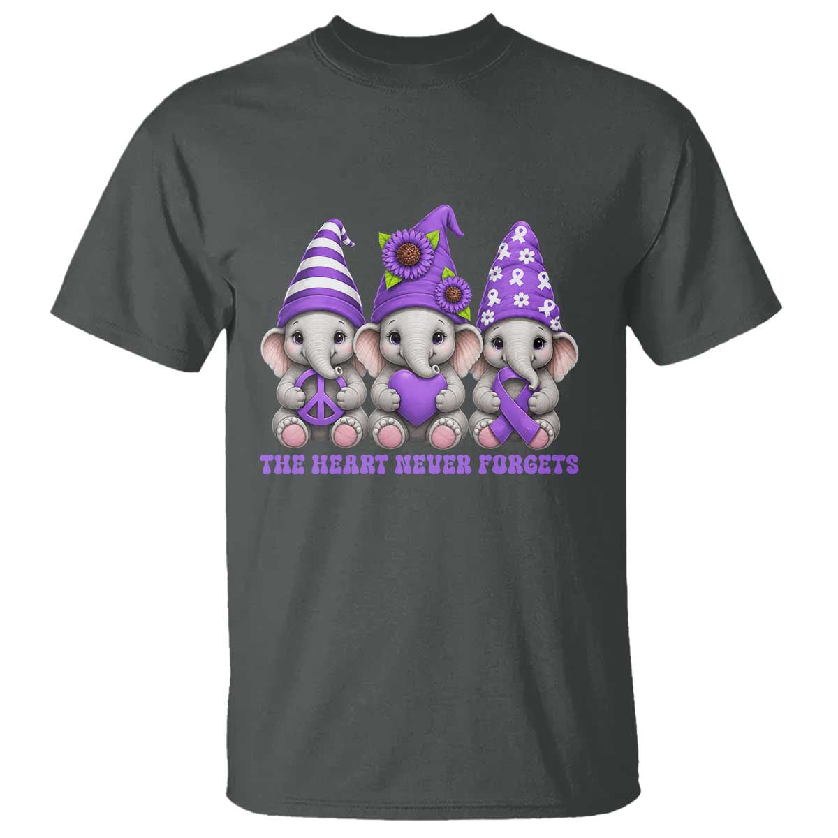Cute Elephant Gnome Purple Ribbon Alzheimer's Support T Shirt The Heart Never Forgets