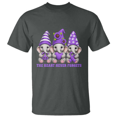 Cute Elephant Gnome Purple Ribbon Alzheimer's Support T Shirt The Heart Never Forgets