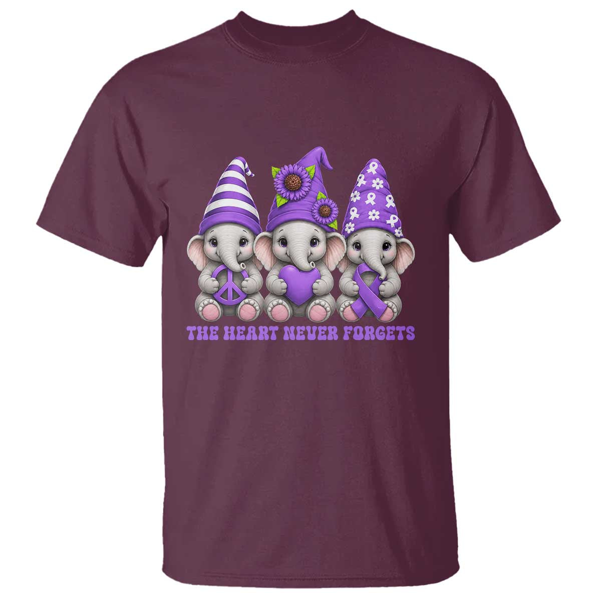Cute Elephant Gnome Purple Ribbon Alzheimer's Support T Shirt The Heart Never Forgets