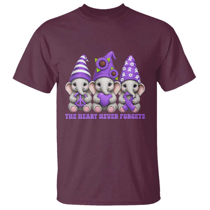 Cute Elephant Gnome Purple Ribbon Alzheimer's Support T Shirt The Heart Never Forgets