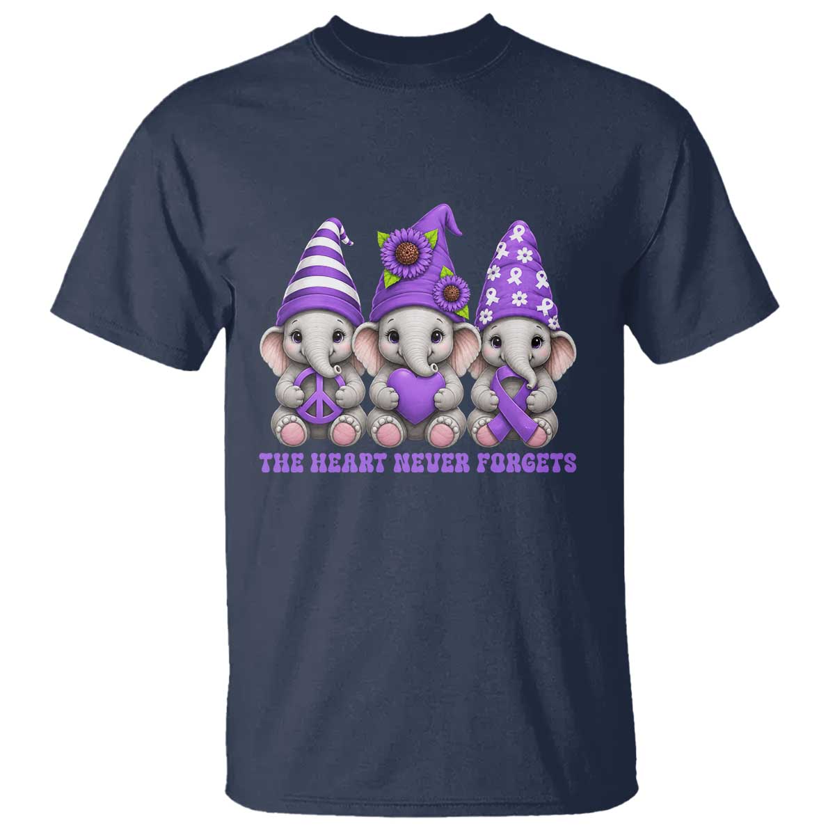 Cute Elephant Gnome Purple Ribbon Alzheimer's Support T Shirt The Heart Never Forgets