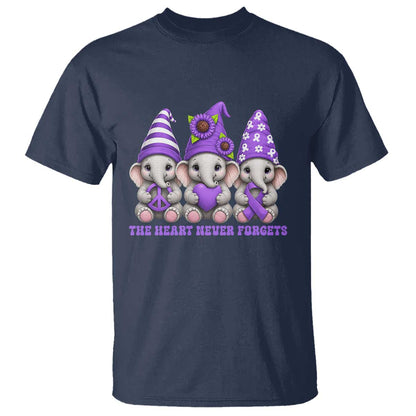 Cute Elephant Gnome Purple Ribbon Alzheimer's Support T Shirt The Heart Never Forgets
