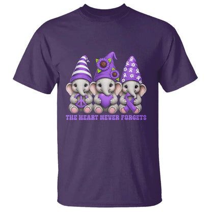 Cute Elephant Gnome Purple Ribbon Alzheimer's Support T Shirt The Heart Never Forgets