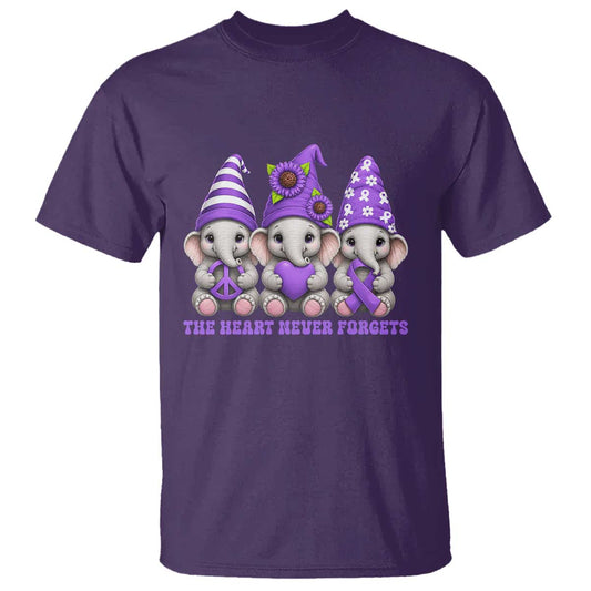 Cute Elephant Gnome Purple Ribbon Alzheimer's Support T Shirt The Heart Never Forgets