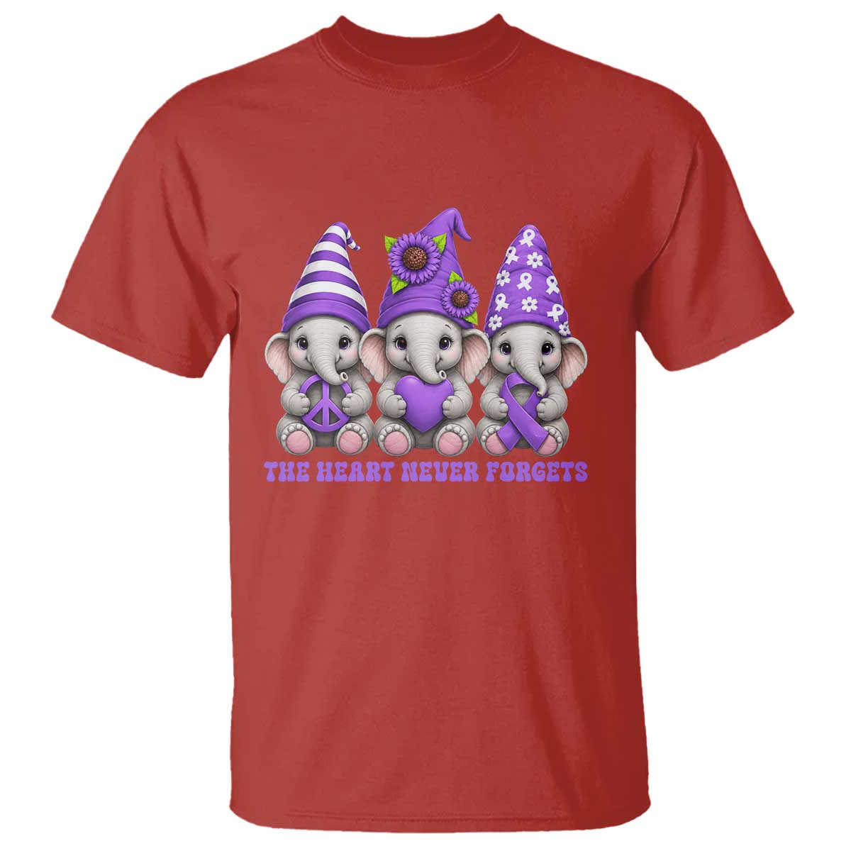 Cute Elephant Gnome Purple Ribbon Alzheimer's Support T Shirt The Heart Never Forgets