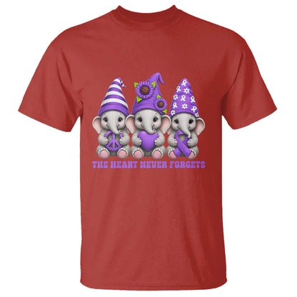 Cute Elephant Gnome Purple Ribbon Alzheimer's Support T Shirt The Heart Never Forgets