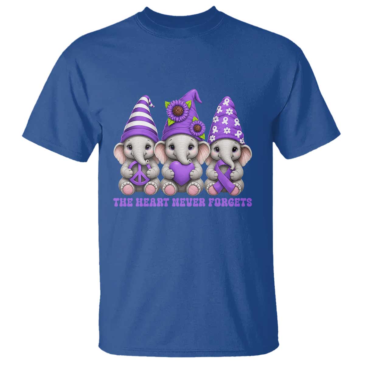 Cute Elephant Gnome Purple Ribbon Alzheimer's Support T Shirt The Heart Never Forgets