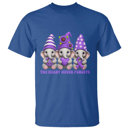 Cute Elephant Gnome Purple Ribbon Alzheimer's Support T Shirt The Heart Never Forgets