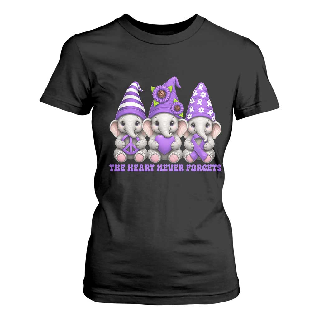 Cute Elephant Gnome Purple Ribbon Alzheimer's Support T Shirt For Women The Heart Never Forgets