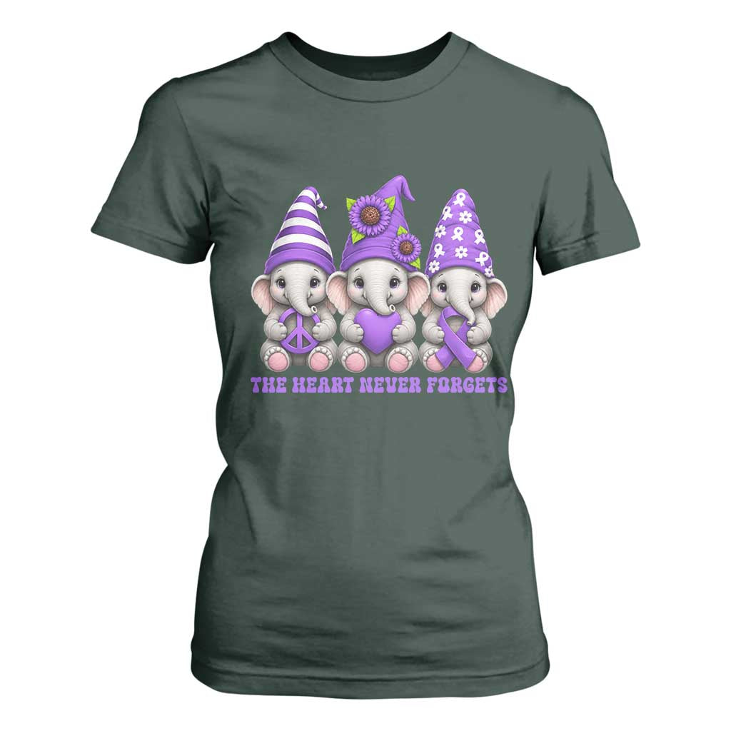 Cute Elephant Gnome Purple Ribbon Alzheimer's Support T Shirt For Women The Heart Never Forgets