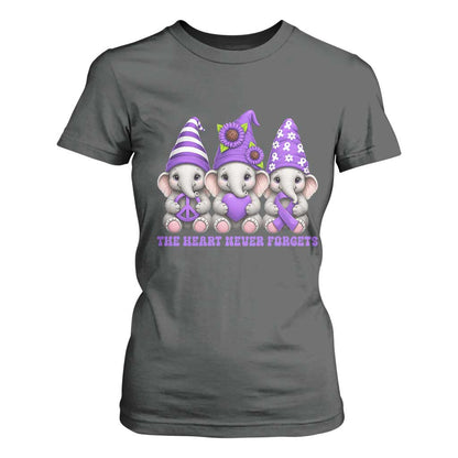 Cute Elephant Gnome Purple Ribbon Alzheimer's Support T Shirt For Women The Heart Never Forgets