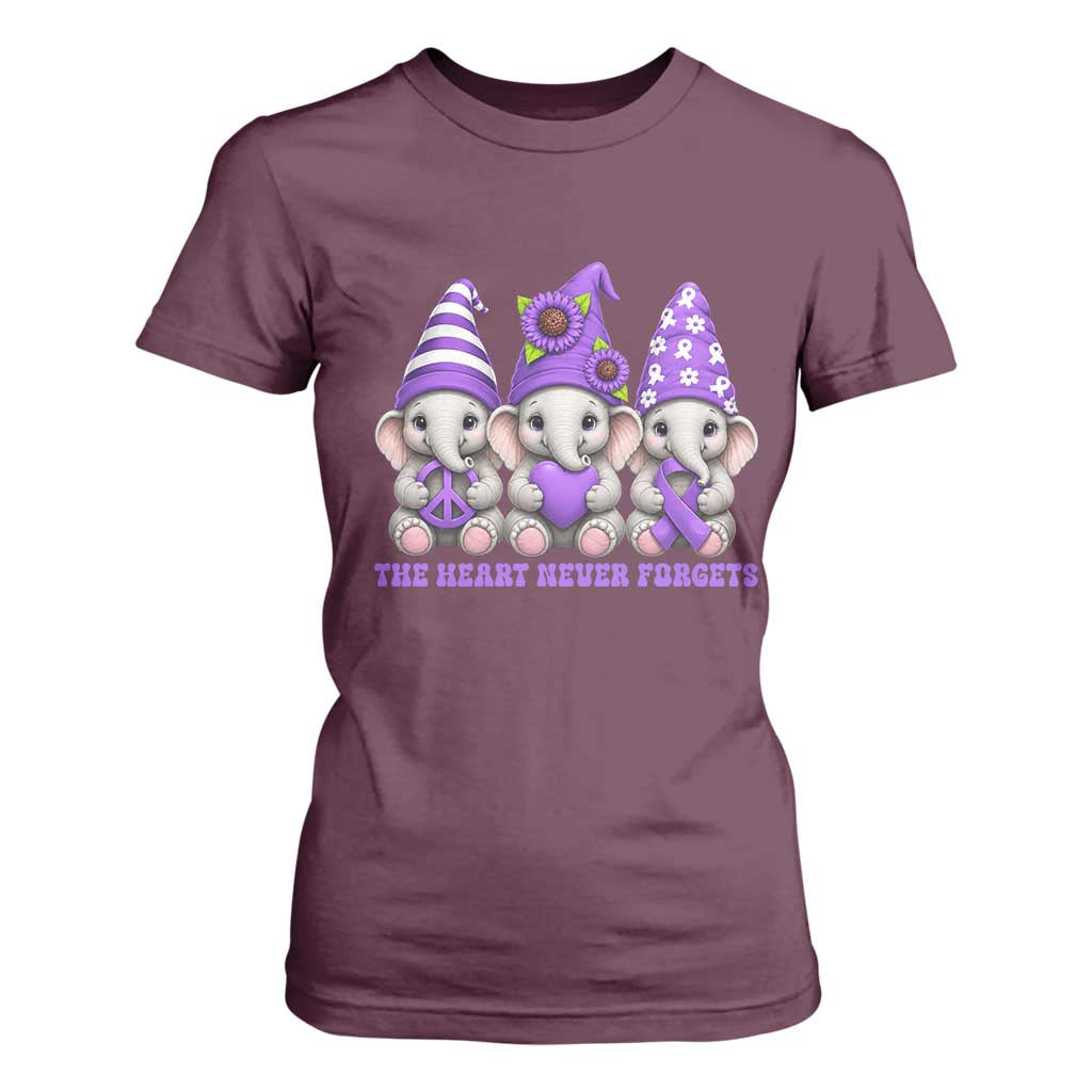 Cute Elephant Gnome Purple Ribbon Alzheimer's Support T Shirt For Women The Heart Never Forgets